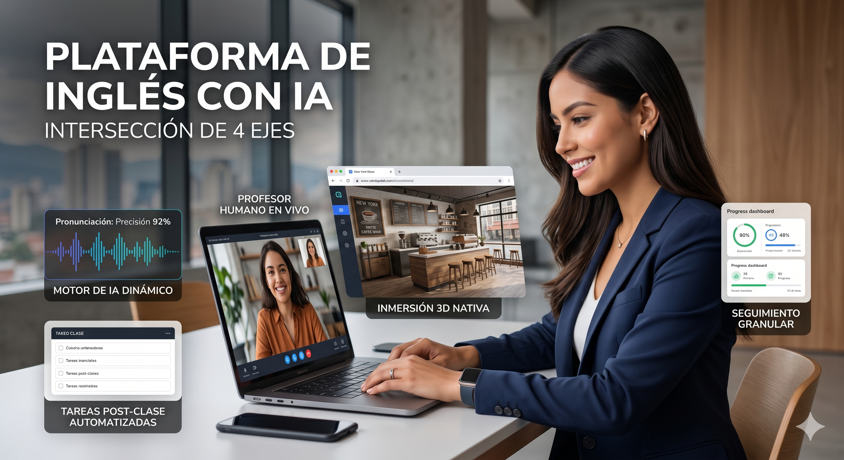 Visual conceptual de la plataforma de inglés con IA y escenarios inmersivos